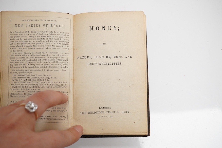 Money; it's nature, history, uses, and responsibilities. R.T.S. (Monthly Volume No.84), brown cloth, 1852; Smiles, S. - Thrift, 1888, full calf, ex ESCL; King Penguin - Greek Coins, 1952. (3)